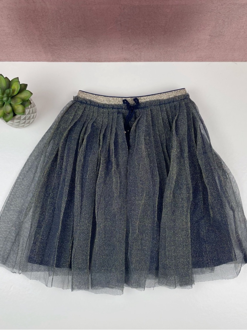 Jessica Simpson Navy Blue Gold Metallic Tulle Pleated Skirt Girl Small